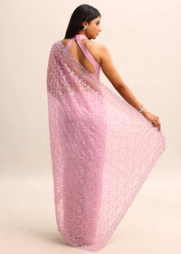 Pink Organza Saree With Embellished Scallop Border And Unstitched Blouse