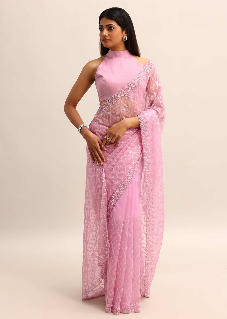 Pink Organza Saree With Embellished Scallop Border And Unstitched Blouse