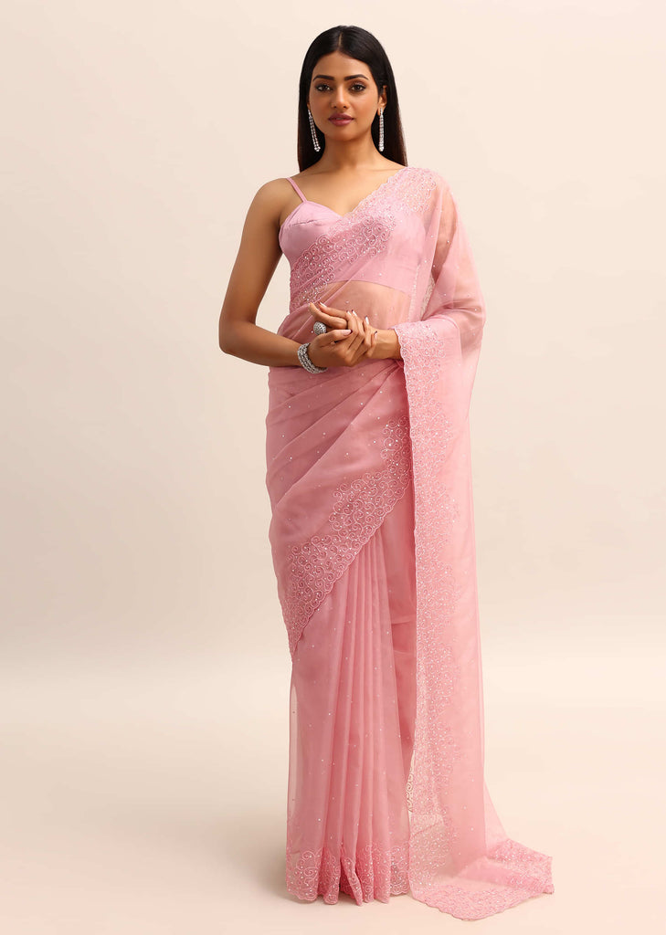 Pink Organza Saree With Resham Thread And Sequins Border Pallu With Unstitched Blouse