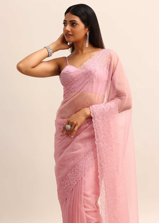 Pink Organza Saree With Resham Thread And Sequins Border Pallu With Unstitched Blouse