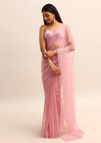 Pink Organza Saree With Resham Thread And Sequins Border Pallu With Unstitched Blouse