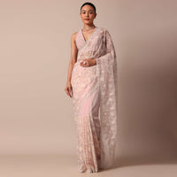 Pink Organza Silk Saree With Chikankari Floral Jaal Work And Unstitched Blouse Fabric