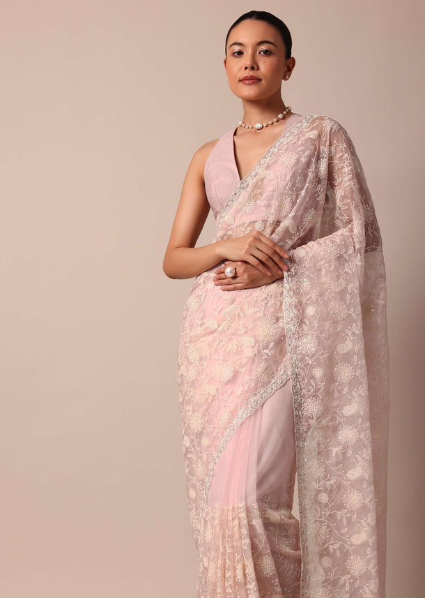 Pink Organza Silk Saree With Chikankari Floral Jaal Work And Unstitched Blouse Fabric