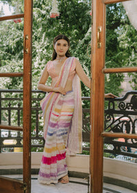 Pink Organza Striped Saree With Unstitched Blouse Piece