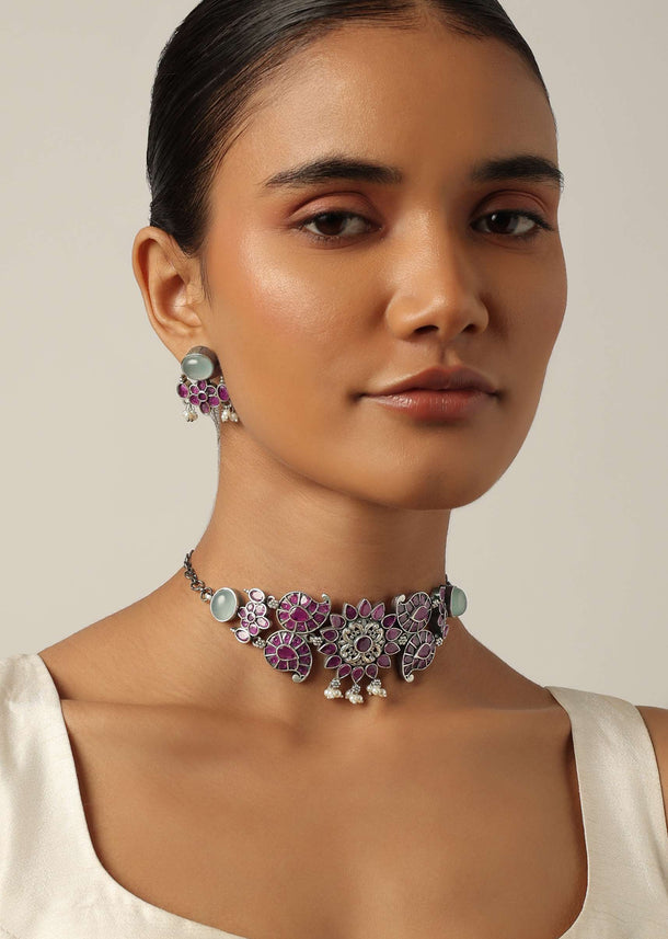 Pink Oxidised Choker Set With Meenakari And Floral Motifs