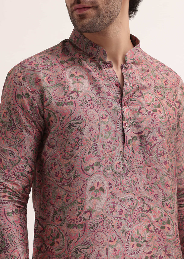 Pink Paisley Printed Silk Short Kurta Set For Men