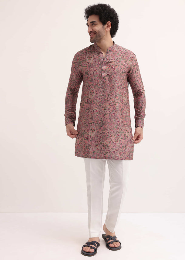 Pink Paisley Printed Silk Short Kurta Set For Men