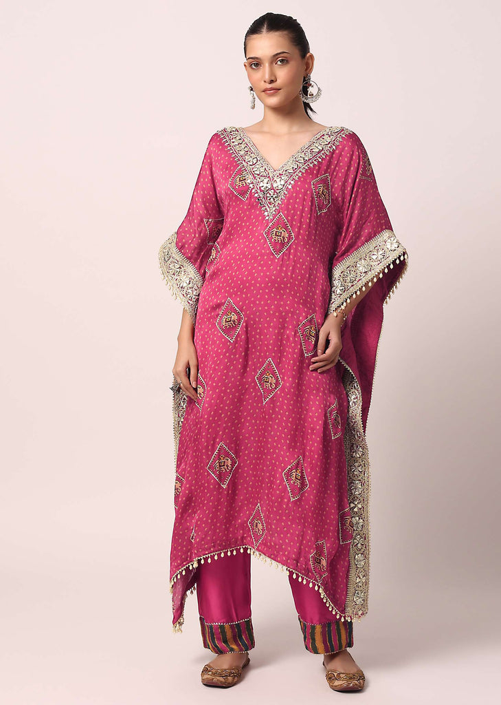 Pink Pant Set With Embroidered Kaftan Kurta