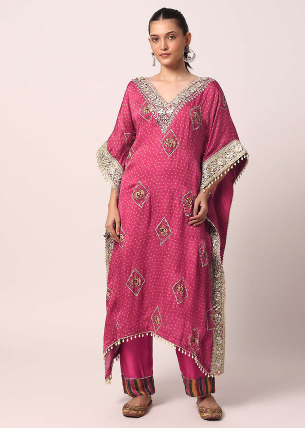 Pink Pant Set With Embroidered Kaftan Kurta