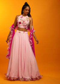 Pink Parfait Lehenga And Halter Neck Crop Top With Resham Jaal, Multi Colored Beads Work And Floral Printed Frill