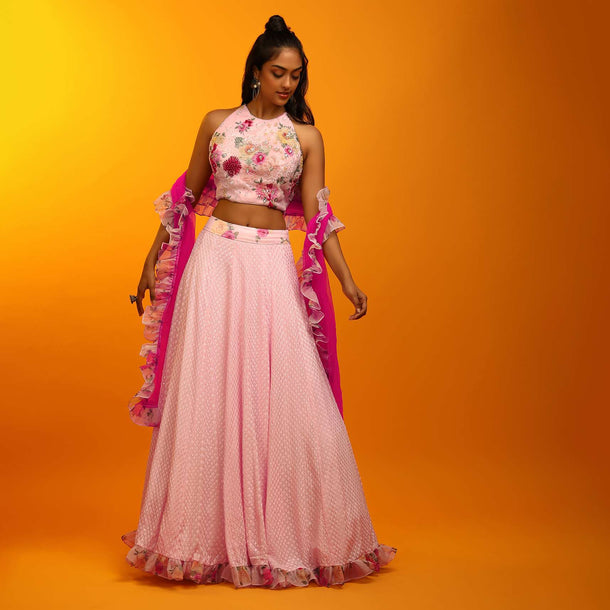 Pink Parfait Lehenga And Halter Neck Crop Top With Resham Jaal, Multi Colored Beads Work And Floral Printed Frill