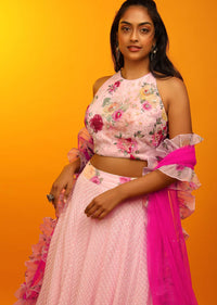 Pink Parfait Lehenga And Halter Neck Crop Top With Resham Jaal, Multi Colored Beads Work And Floral Printed Frill