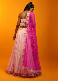 Pink Parfait Lehenga And Halter Neck Crop Top With Resham Jaal, Multi Colored Beads Work And Floral Printed Frill