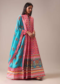 Pink Patola Printed Anarkali Suit Set In Tussar Silk