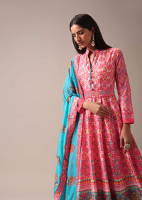 Pink Patola Printed Anarkali Suit Set In Tussar Silk