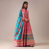 Pink Patola Printed Anarkali Suit Set In Tussar Silk