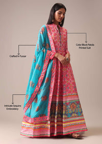 Pink Patola Printed Anarkali Suit Set In Tussar Silk