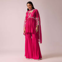 Pink Peplum And Sharara Fusion Set In Raw Silk