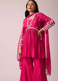 Pink Peplum And Sharara Fusion Set In Raw Silk