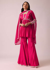 Pink Peplum And Sharara Fusion Set In Raw Silk