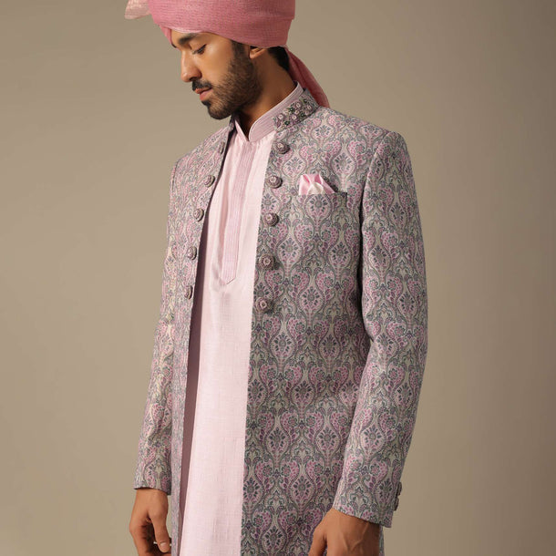 Pink Print Sherwani Set For Wedding Grandeur