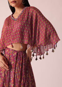 Pink Printed Tassel Crop Top And Lehenga Set