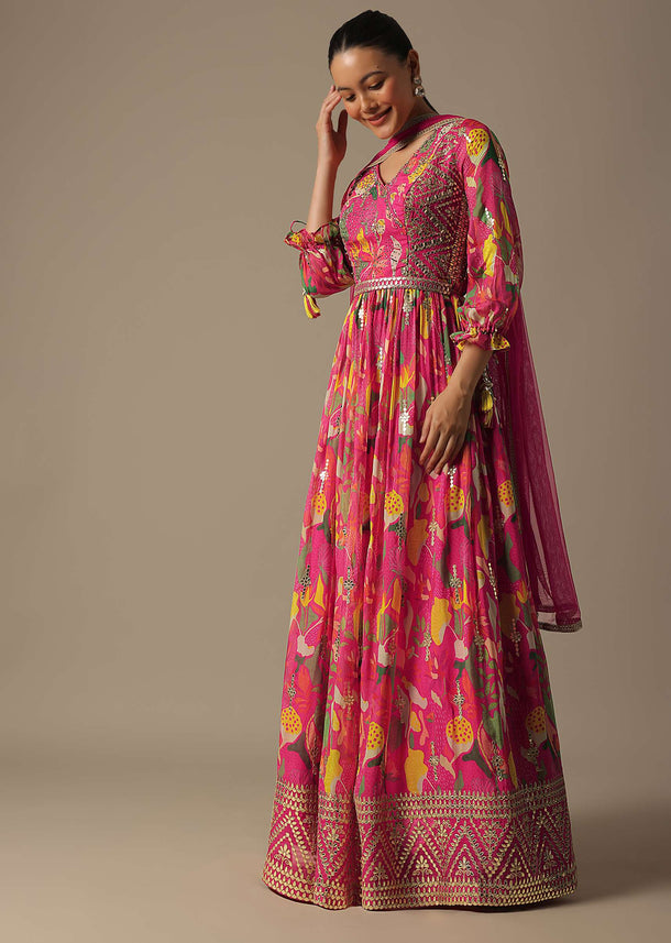 Pink Printed Anarkali Set With Gota Patti Work