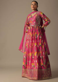 Pink Printed Anarkali Set With Gota Patti Work