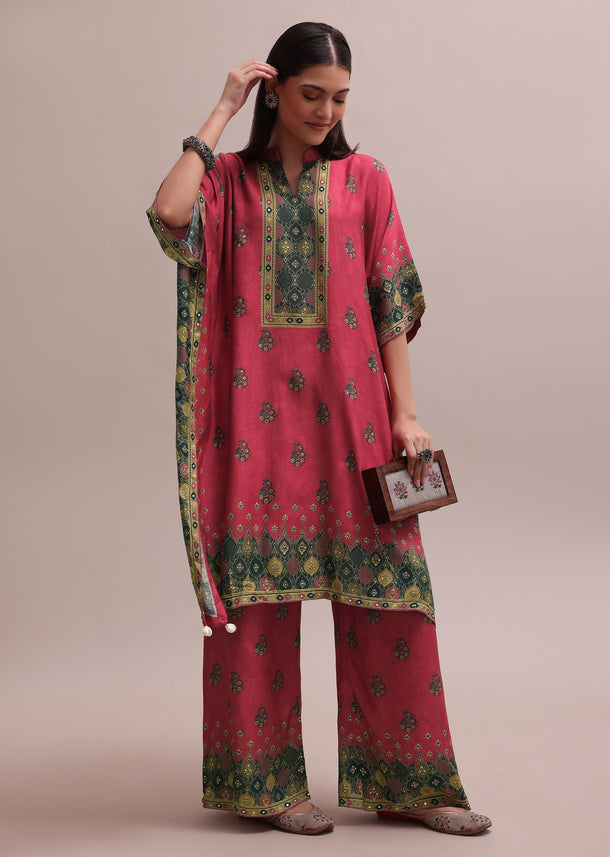 Pink Printed And Sequins Embroidered Kaftan And Palazzo Co-ord Set