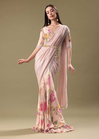 Pink Printed Crepe Frill Saree