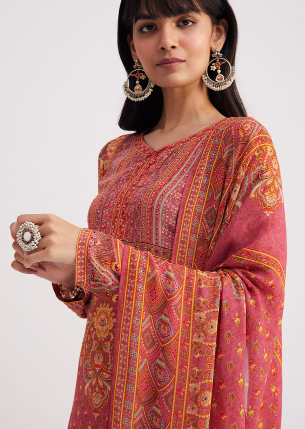 Pink Printed Crepe Palazzo Suit With Georgette Dupatta