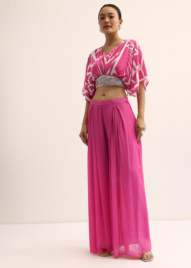 Pink Printed Crop Top And Palazzo Set