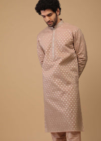 Pink Printed Handwoven Silk Kurta Set