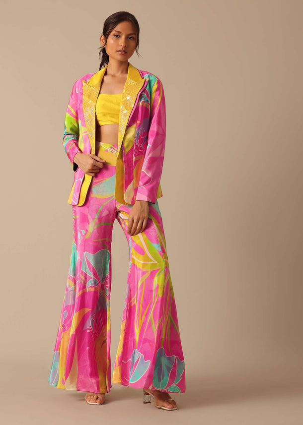 Pink Printed Jacket And Palazzo Set With Handwork