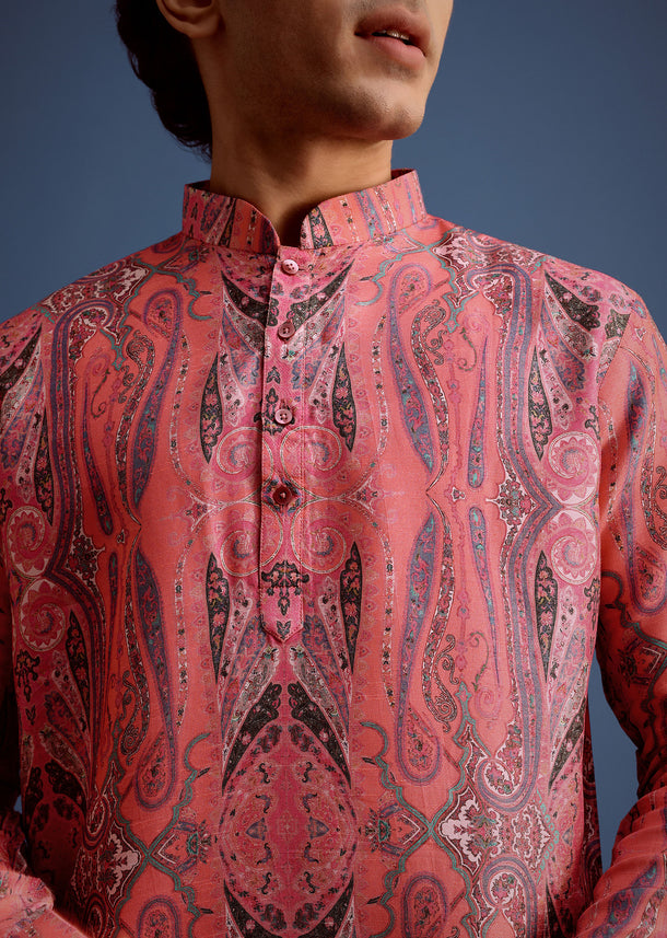 Pink Printed Art Silk Kurta For Men