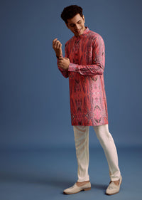 Pink Printed Art Silk Kurta For Men