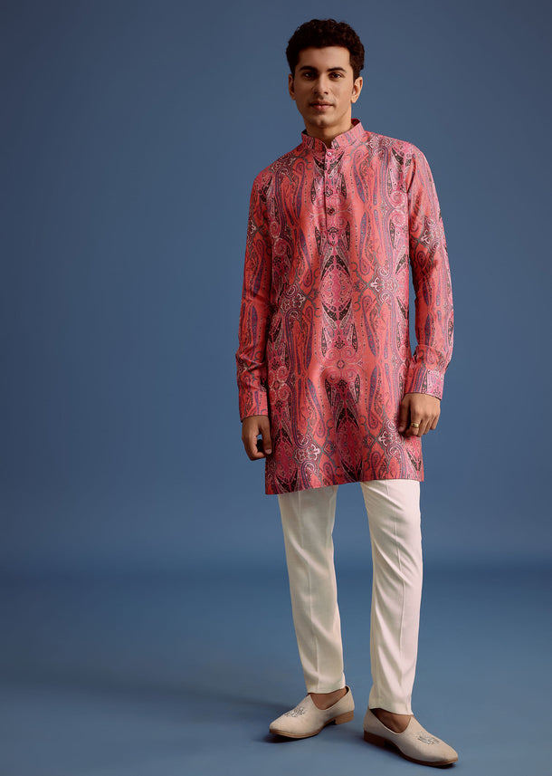 Pink Printed Art Silk Kurta For Men