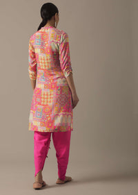 Pink Printed Kurta Set In Tussar Silk