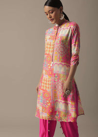 Pink Printed Kurta Set In Tussar Silk