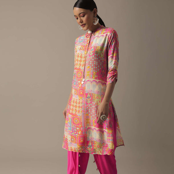 Pink Printed Kurta Set In Tussar Silk