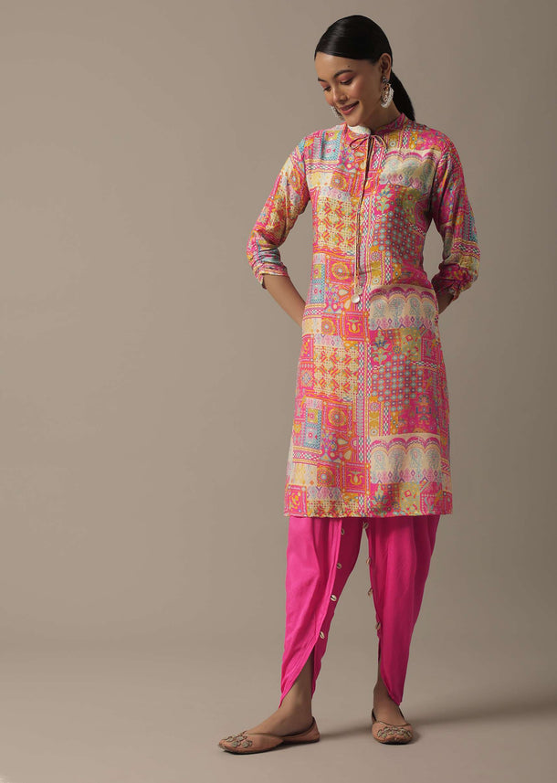 Pink Printed Kurta Set In Tussar Silk