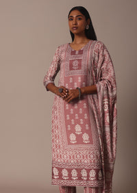 Pink Printed Kurti Pant Set With Embroidered Detail