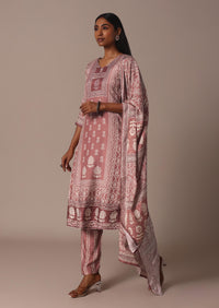 Pink Printed Kurti Pant Set With Embroidered Detail