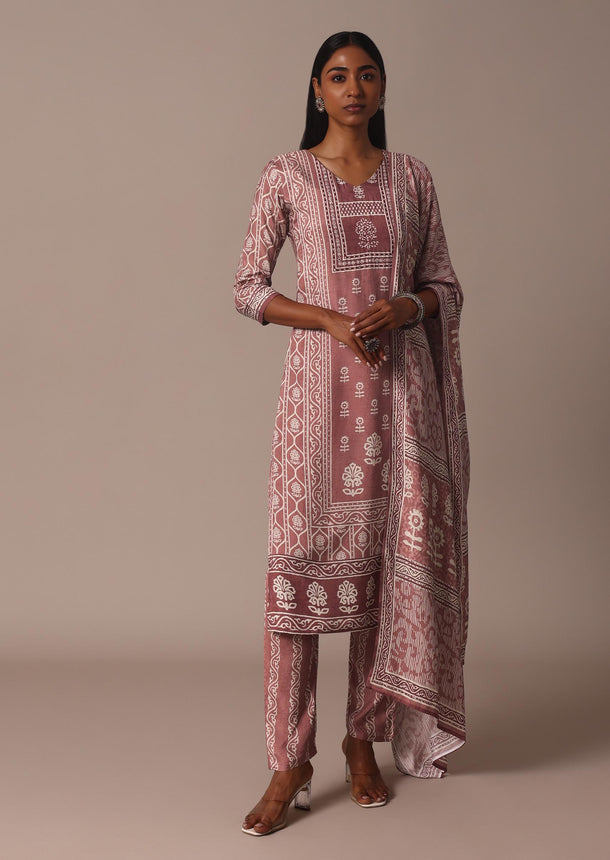 Pink Printed Kurti Pant Set With Embroidered Detail