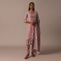 Pink Printed Kurti Pant Set With Embroidered Detail