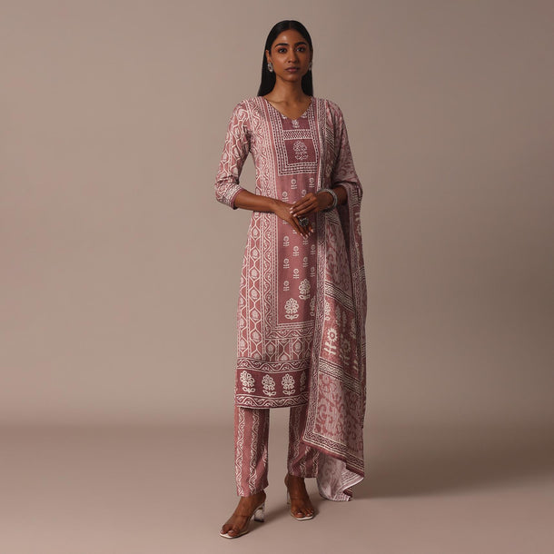 Pink Printed Kurti Pant Set With Embroidered Detail