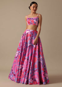 Pink Printed Lehenga Set With Mirror Work Jacket