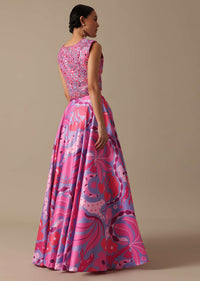 Pink Printed Lehenga Set With Mirror Work Jacket