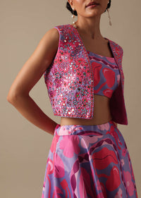 Pink Printed Lehenga Set With Mirror Work Jacket