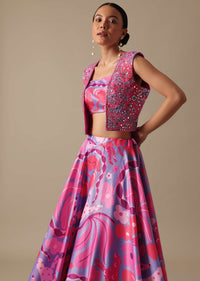 Pink Printed Lehenga Set With Mirror Work Jacket